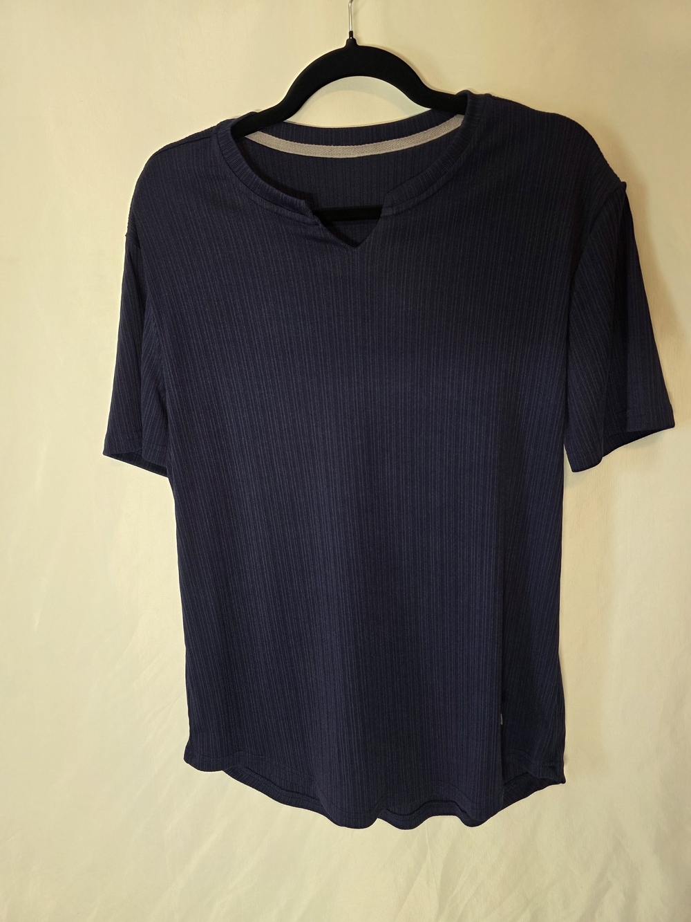 Navy Blue Ribbed Muscle Slim Fit Longline V-Neck T-Shirt Size L